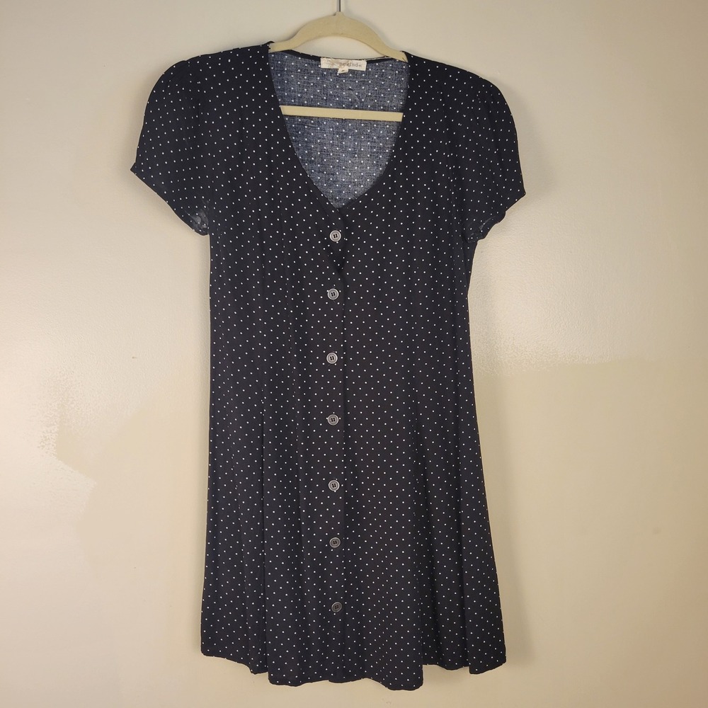 Rewind Black Polka Dot Button Front Mini Dress Lace Up Back Womens Medium Retro